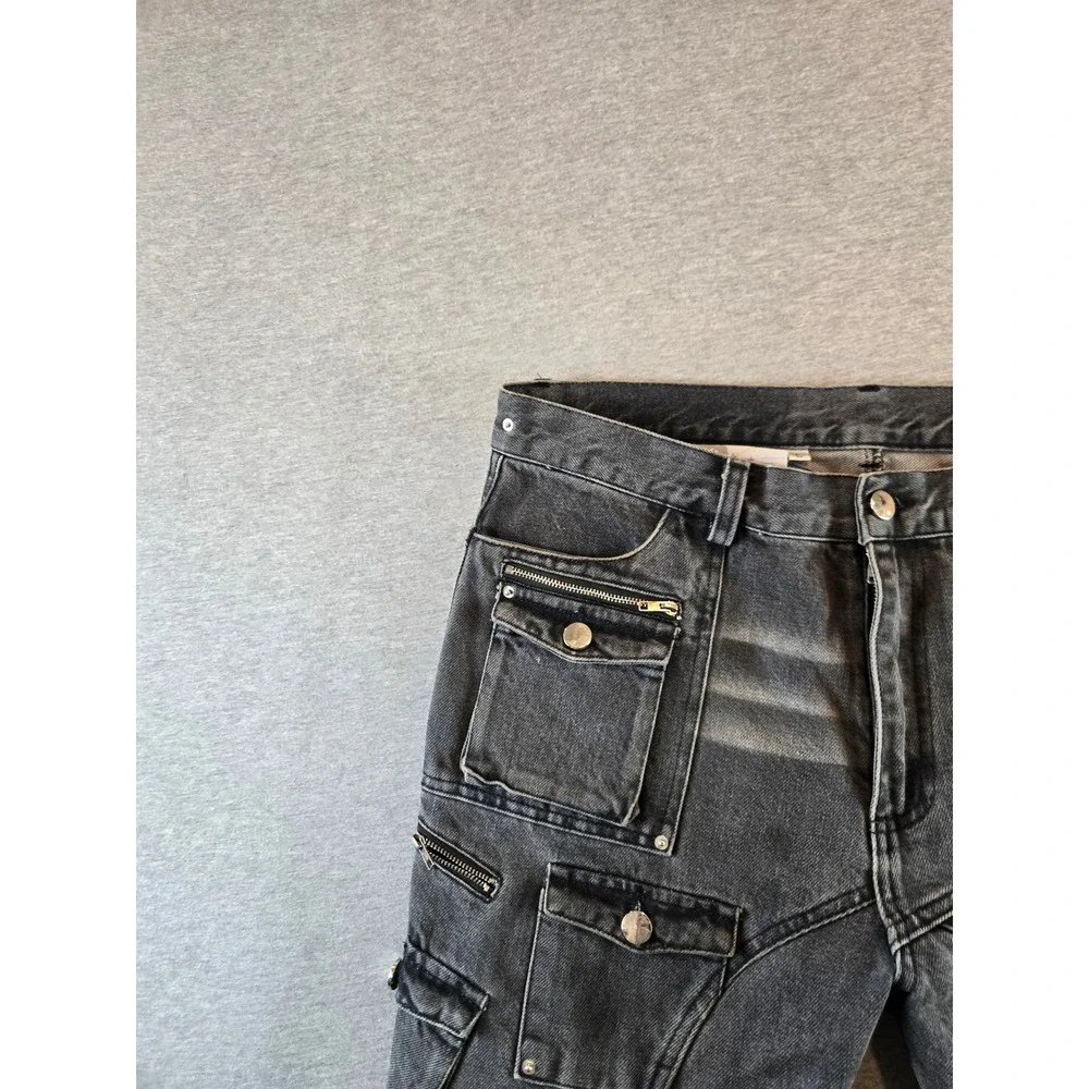 Insain Worldwide Cargo Jeans Mens L 34W Washed Black Streetwear Distressed Flare